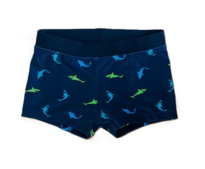 Ensemble de plage. Ensemble de bain. Maillot de bain. Bleu marine à requins bleu et vert. Pommette. - photo numéro 3