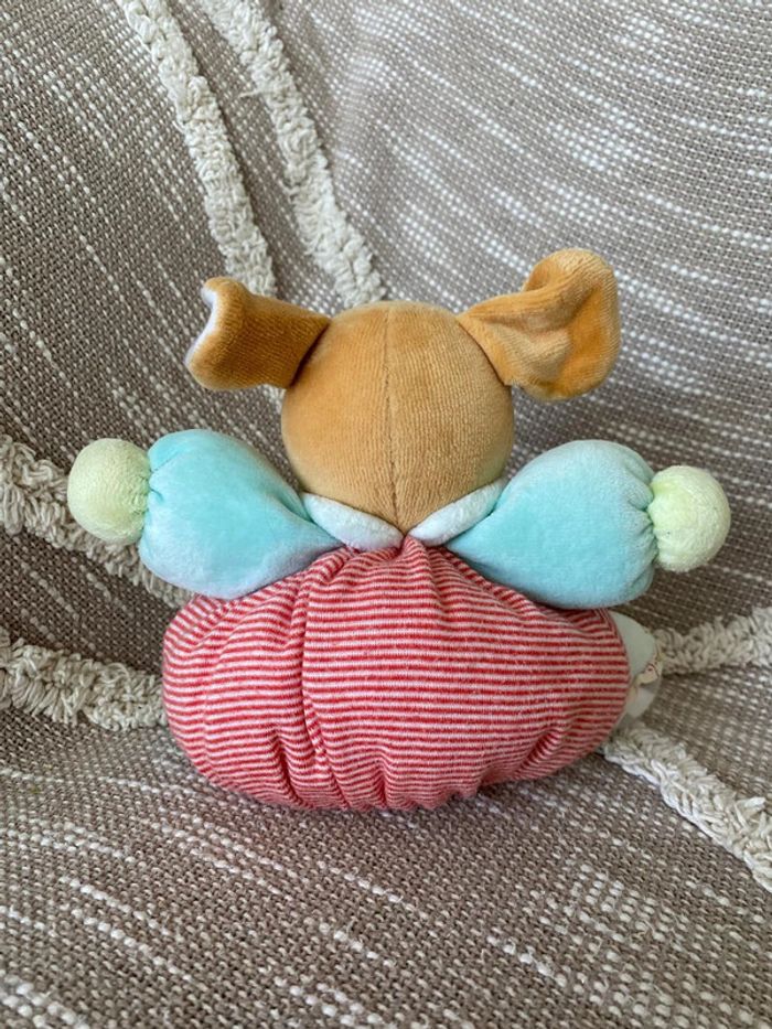 Peluche doudou boule 18cm Kaloo souris rouge rayé et bleu très bon état - photo numéro 2