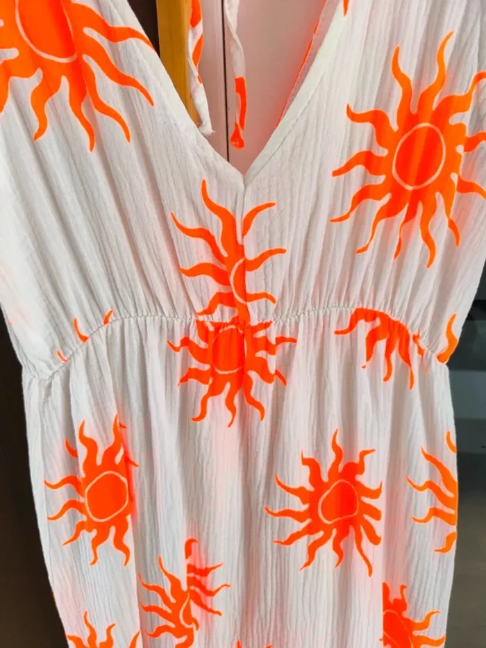 Robe longue été blanche et orange gaz de coton imprimé soleil TU 36 à 42 - photo numéro 8