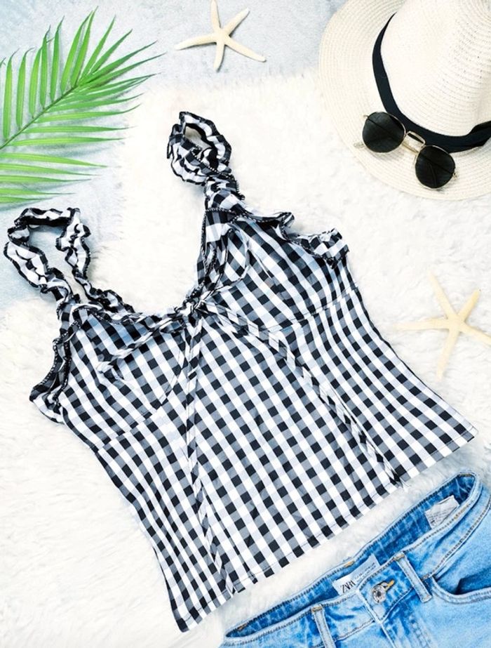 Croo top vichy noir et blanc avec petit noeud- T.S ou T.36 🖤 - photo numéro 3