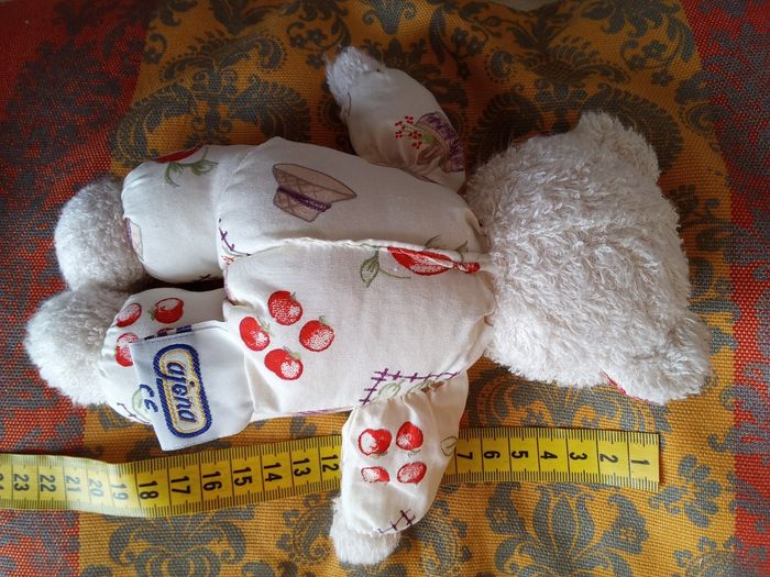 Doudou Ajena ours ourson blanc tissu bouclettes éponge corps imprimé fruit chapeau - photo numéro 3