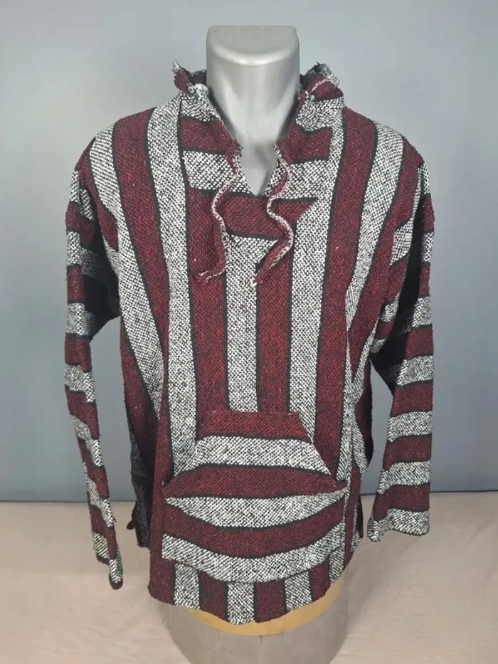 sweat a capuche / Hoodie/baja/poncho mexicain - taille L - homme - rouge , gris / fait main (645)