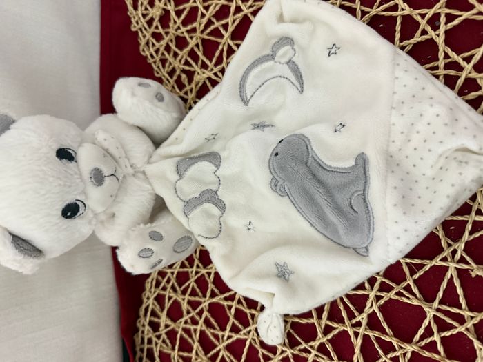 DOUDOU PELUCHE SIMBA NICOTOY OURS POLAIRE BLANC GRIS MOUCHOIR LUNE - photo numéro 3