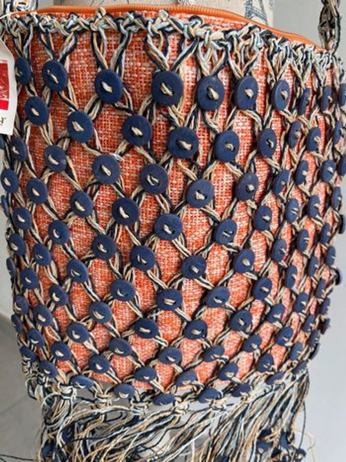 Grand sac raphia (31x38cm) marine et corail - photo numéro 3