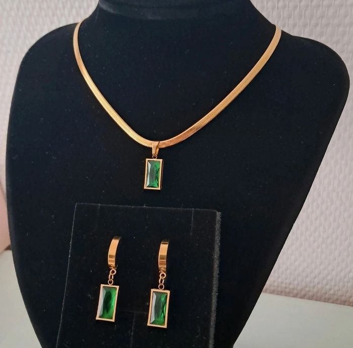 Parure pierre émeraude acier inoxydable