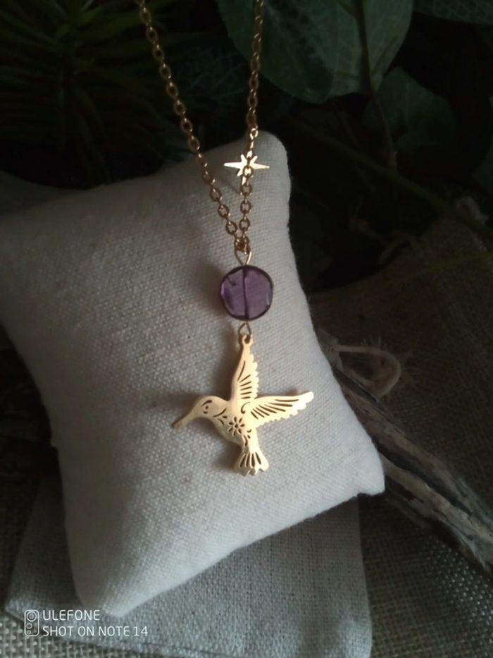 Collier améthyste et colibri + étoile du Nord
