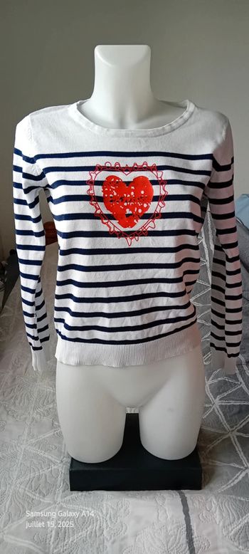 Pull marinière motif cœur marine et blanc femme 38/40 influx