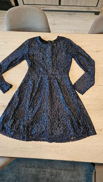 Jolie robe de fête en dentelle bleu foncé, à manches longues, taille XS/S