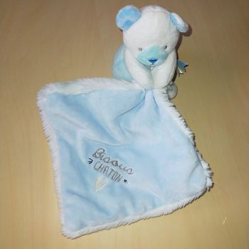 Doudou et Compagnie ours bleu blanc mouchoir Bisous chaton