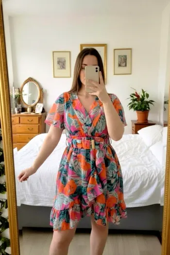 Robe courte cache-cœur portefeuille imprimé tropical coloré - Taille L