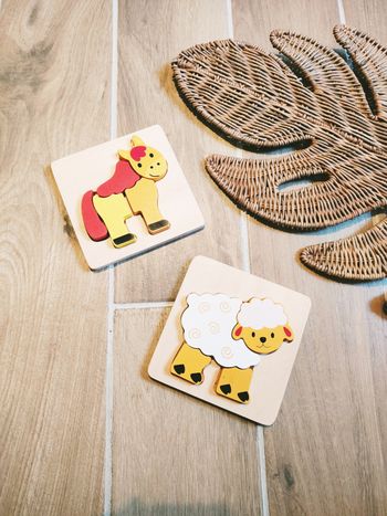 🐑Lot de 2 petits puzzles mouton et cheval premier âge en bois