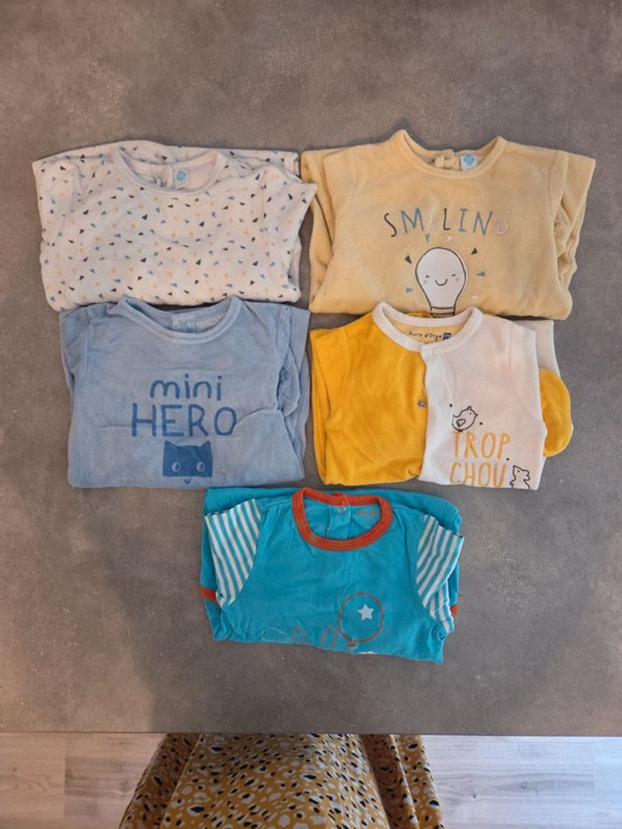 Lot 5 grenouillères bébé garçon velours coton bleu jaune blanc T12mois TBE tex orchestra