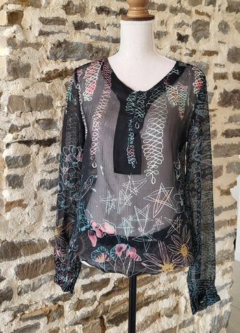 Blouse légère manches longues noire rose turquoise Desigual Taille 40