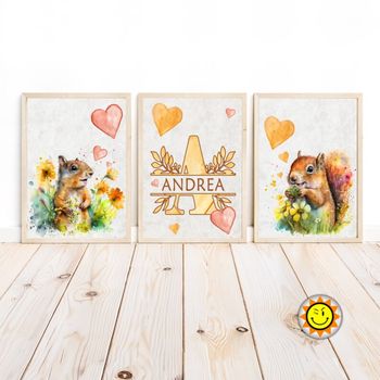 Lot de 3 affiches bébés animaux aquarelle  imprimées cadeau naissance personnalisé