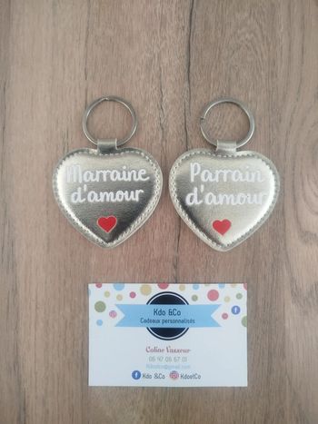 Lot de deux porte-clés coeur simili cuir marraine d'amour et parrain d'amour