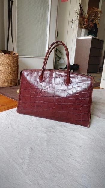 Sac à main en cuir véritable vintage motif exotique crocodile marron tirant sur le rouge