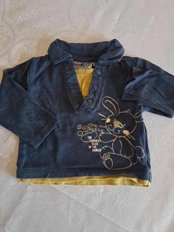 Polo manche longue bleu foncé et jaune 3 mois coton