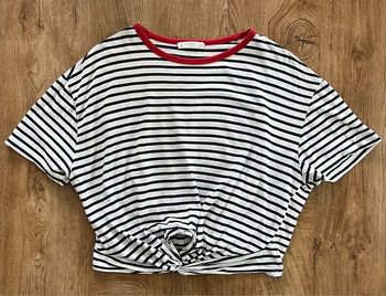 T.shirt rayé noir et blanc avec détails rouges Mango pour femme, taille L