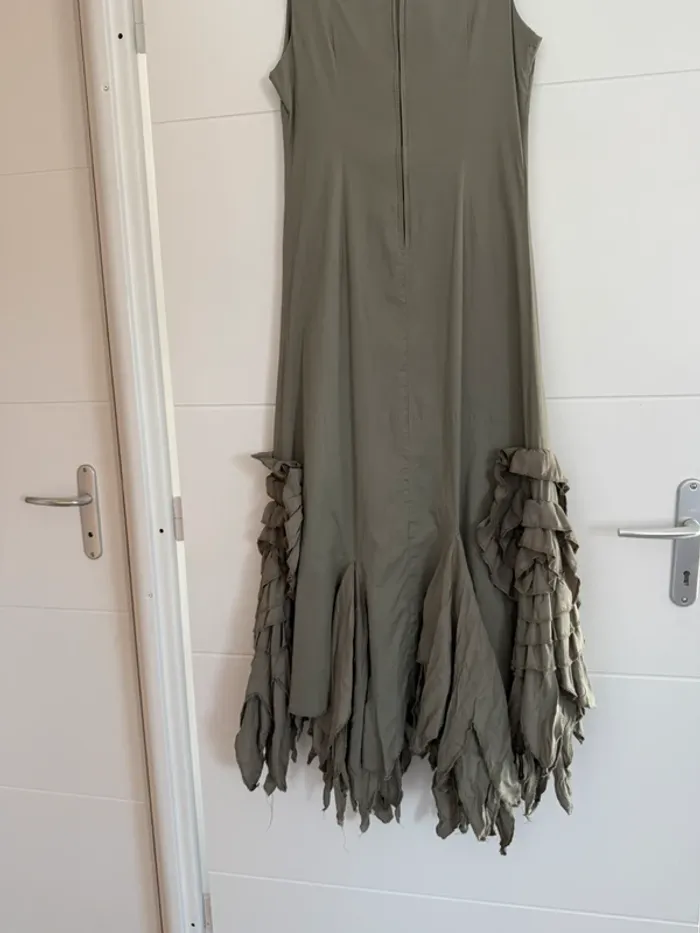Robe longue kaki femme bretelles été volant L33 coton zip midi woman donna mujer S M - photo numéro 6