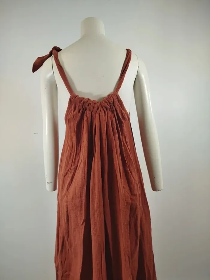 Robe longue rouille Quintessence en coton, effet gaufré, nouée à l'épaule, style bohème A1564 - photo numéro 10