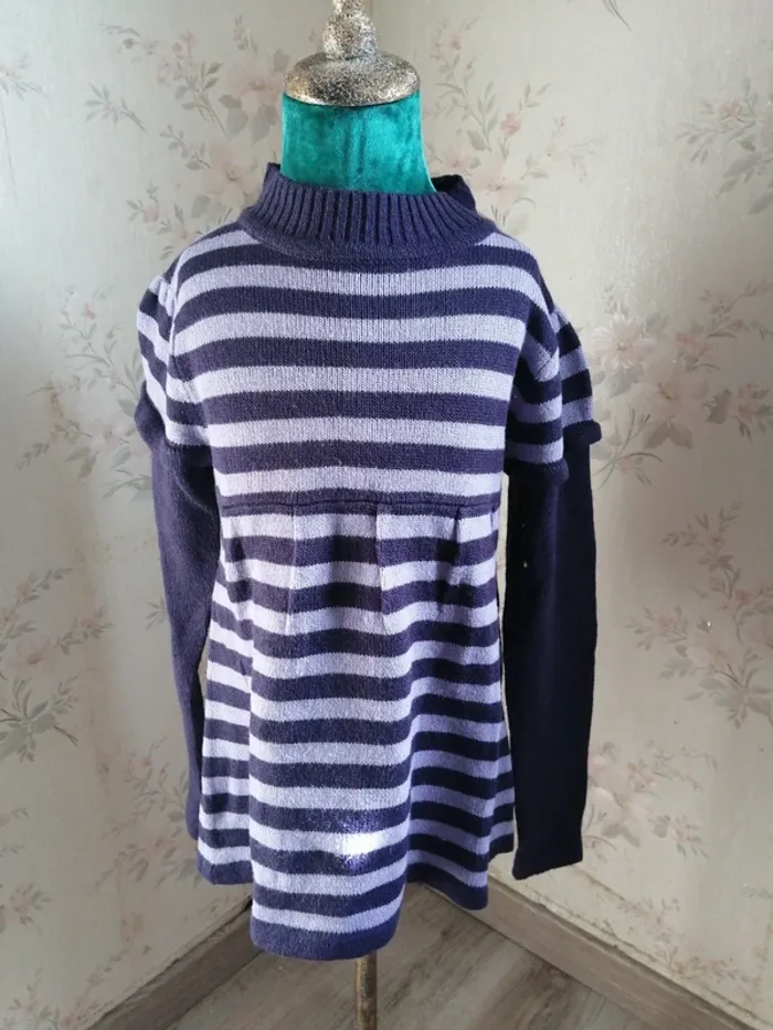 Pull tunique violet à rayures col montant / sans manches / (8ans) - photo numéro 2