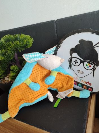 Doudou plat Chien bleu orange Pinpin bicyclette moulin roty Beige Pois  DD03298