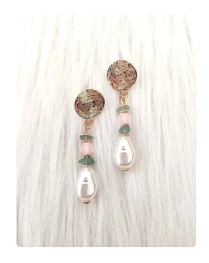 💖 Boucles d'oreilles pendantes perle ovale et pierres naturelles style vintage classique chic