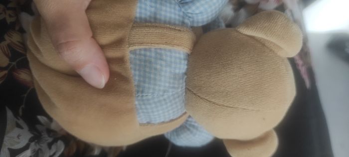 Doudou Ours Priscilla larsen peluche bleu marron vichy carreaux grelot noeud papillon ancien - photo numéro 3