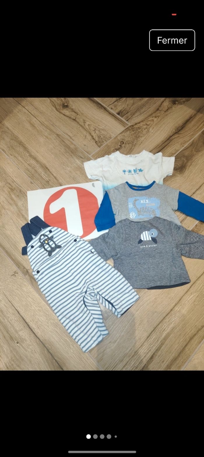 Lot ensemble 
1 salopette Obaibi 
1 t-shirt réversible Obaibi 
1 t-shirt manches courtes Kiabi 
1 t-shirt manches longues dino orchestra 
Taille 1 mois 53-56 cm