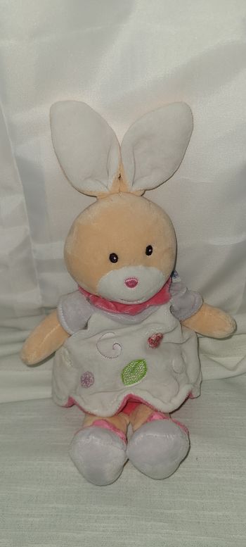 DOUDOU PELUCHE LAPIN NOUNOURS robe blanc rose mauve vert fleur