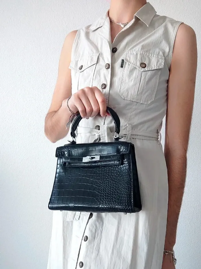 Sac à main noir cuir imitation écaille 80-90 vintage - 22x16x8cm - photo numéro 2