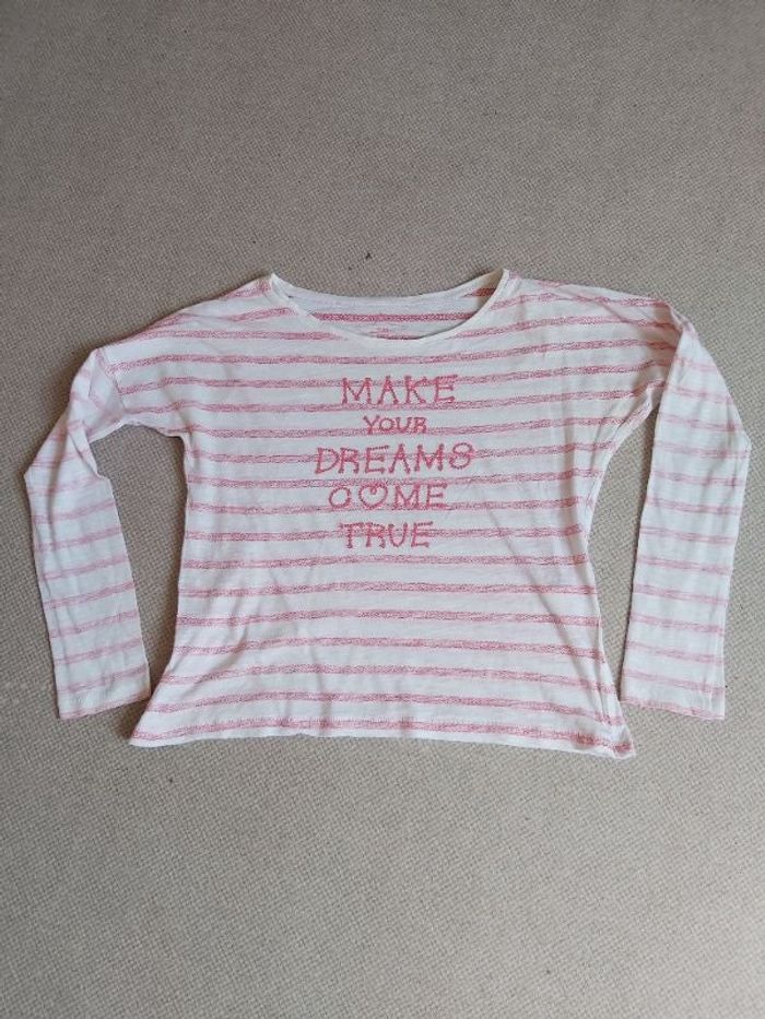 Tee-shirt marinière avec message blanc lait et rose 12 ans fille - Avant-première