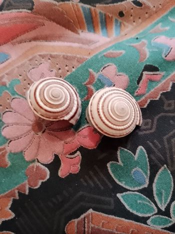 boucles d'oreilles escargots marrons/blancs sur métal argenté vintage années 80.
