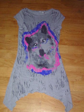 Tunique JENNYFER grise et chien devant taille L TBE