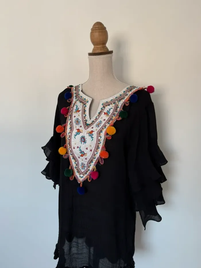 Haut manches noir femme volant plage tailleur M fluide ample L léger été pompons rose blouse t-shirt - photo numéro 5
