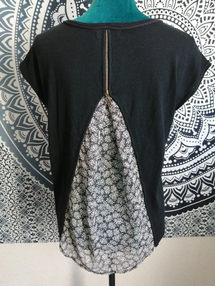 Tee-shirt noir bi matière pull et voile fleuri dans le dos avec fermeture / season / (M) - photo numéro 5