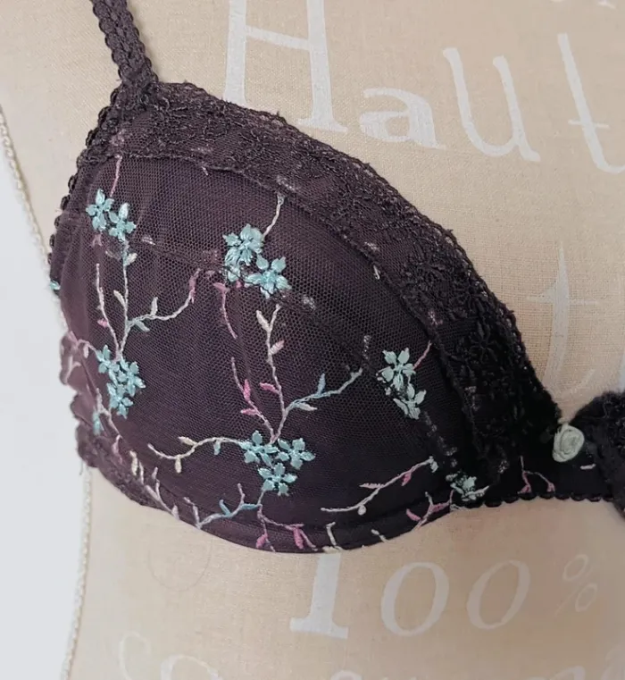 🎀 soutien gorge marron fleuri avec dentelle 85c #billetdoux - photo numéro 3