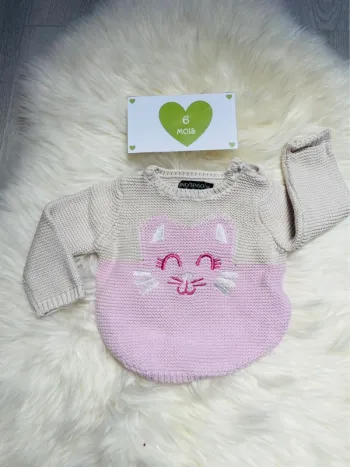 6 mois - Pull chat beige et rose