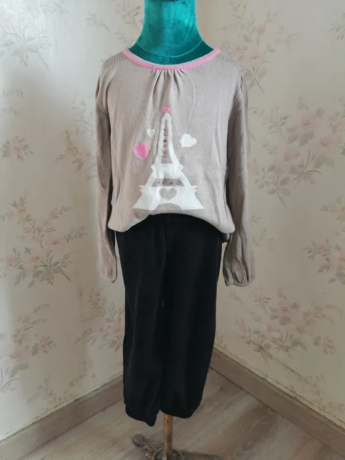 Pull fon marron clair imprimé tour eiffel avec manches bouffantes / nky / (8ans) - photo numéro 2