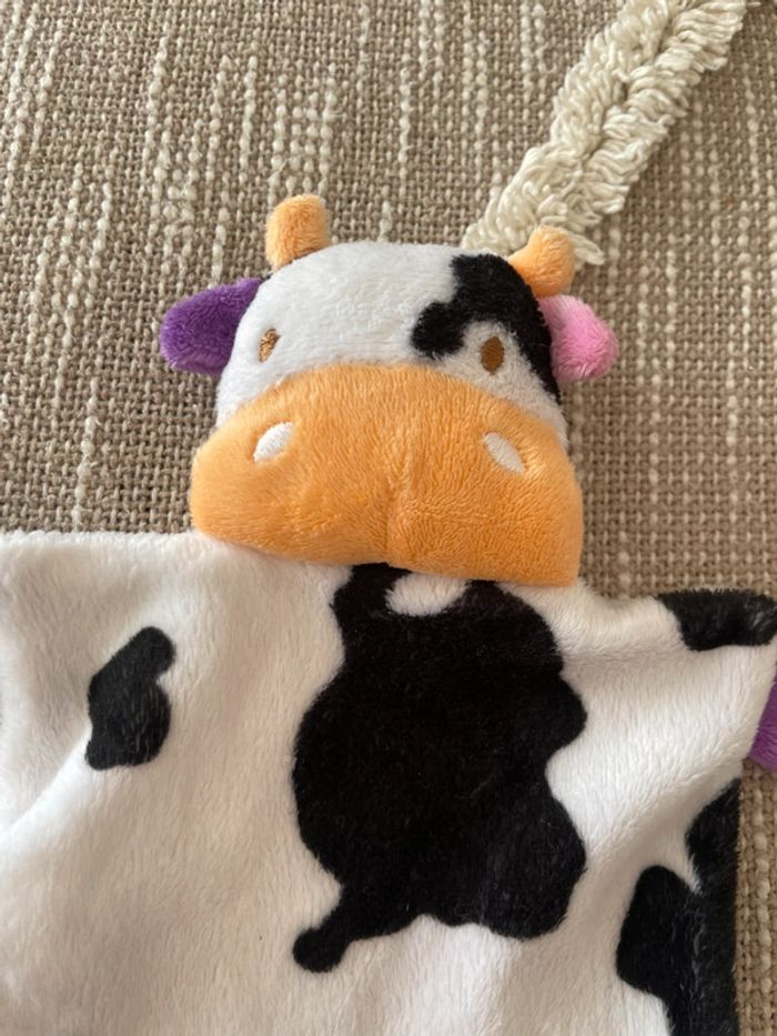 Peluche doudou plat 19cm Verbaudet vache blanche et noir orange parfait état - photo numéro 2