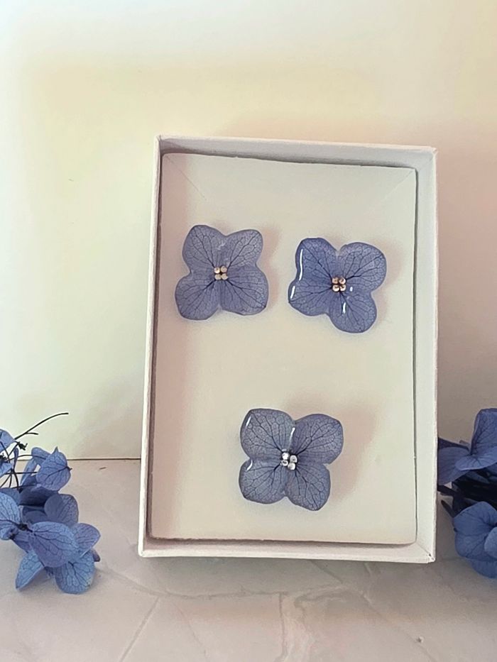 Coffret boucle d'oreille et bague hortensia bleu - photo numéro 2
