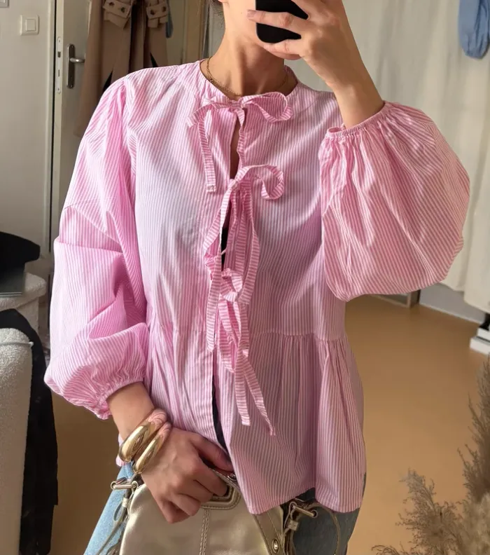 Blouse rose rayée à noeuds - photo numéro 2