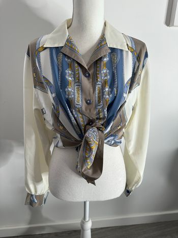 Chemisier équestre cheval crème marron bleu Vintage T42 XL