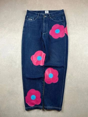 Pantalon en jean Arte Antwerp motifs fleurs 70's - Straight Denim Pants | marine - M | #37