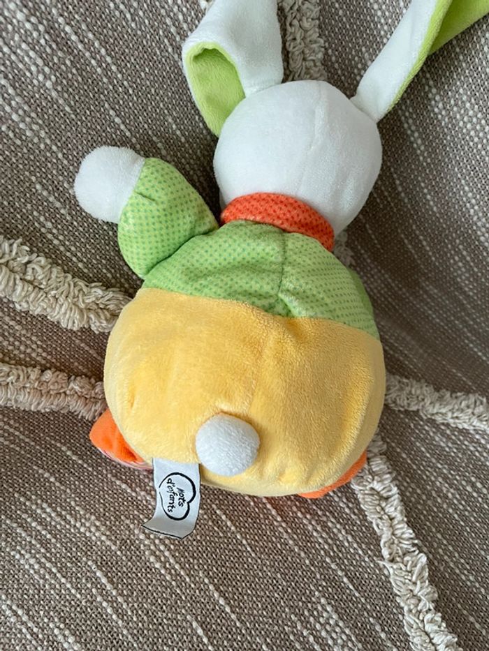 Peluche doudou 23cm mots d’enfants lapin vert et jaune très bon état - photo numéro 4