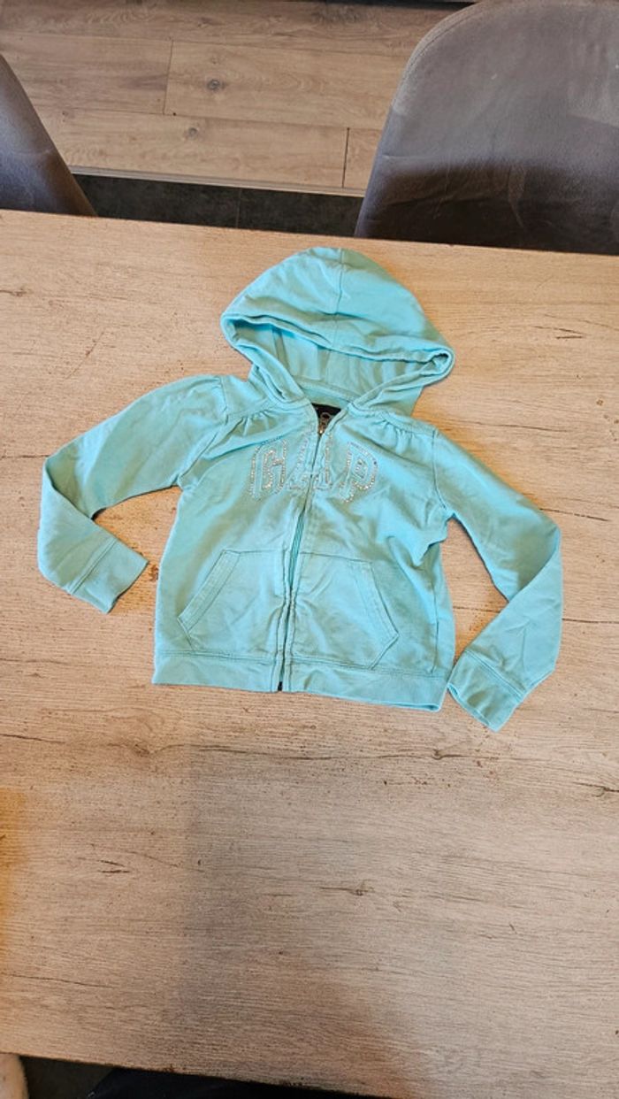 Gilet à capuche turquoise, manches longues, Gap, S/P 6/8 ans - photo numéro 2
