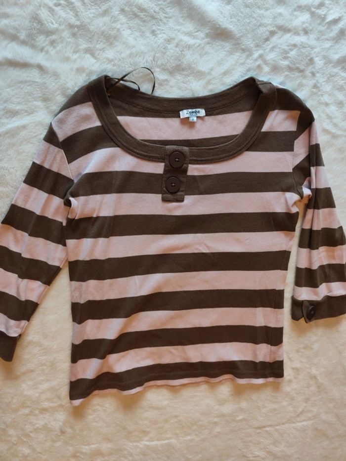 Maillot manche longue femme rayer rose marron marque zamba taille 2 - photo numéro 5
