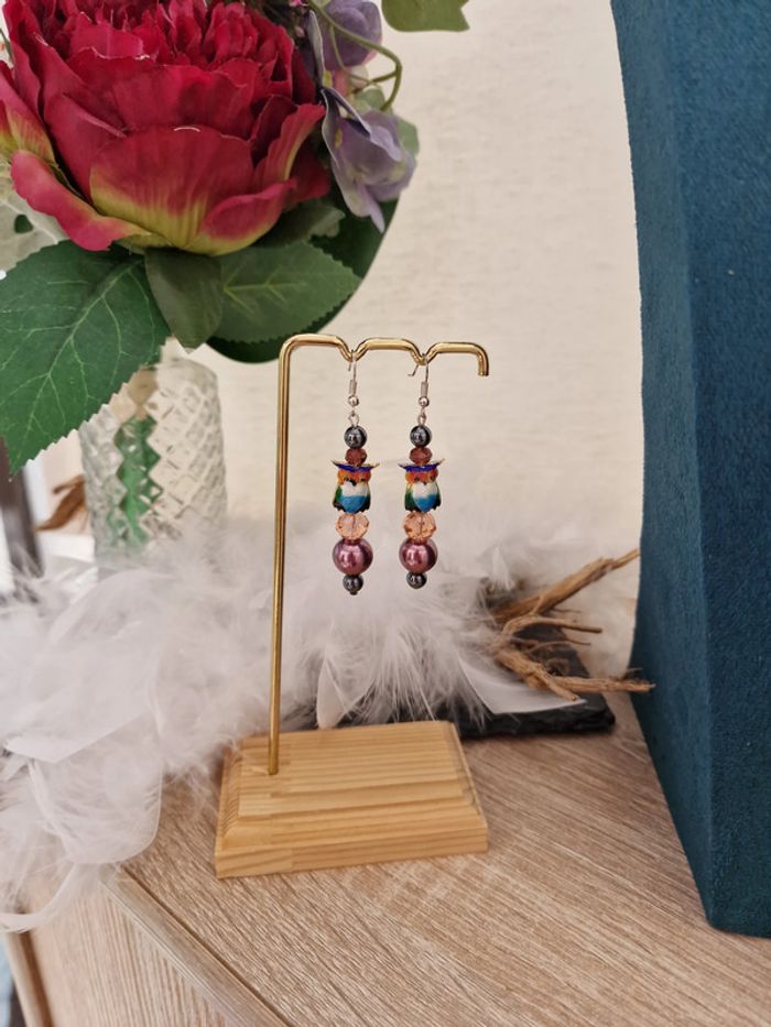 Boucles D'oreilles Hibou Perles Roses Grises Cristal - photo numéro 2