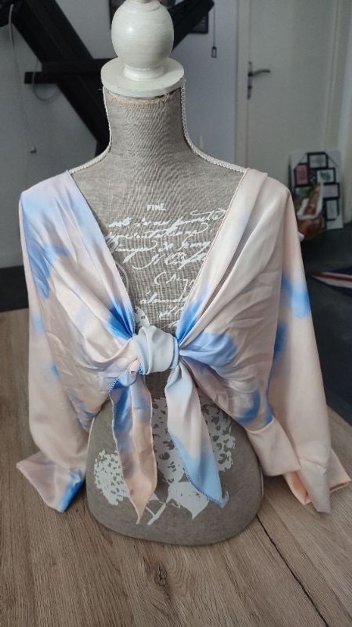Blouse à nouer bleu / abricot