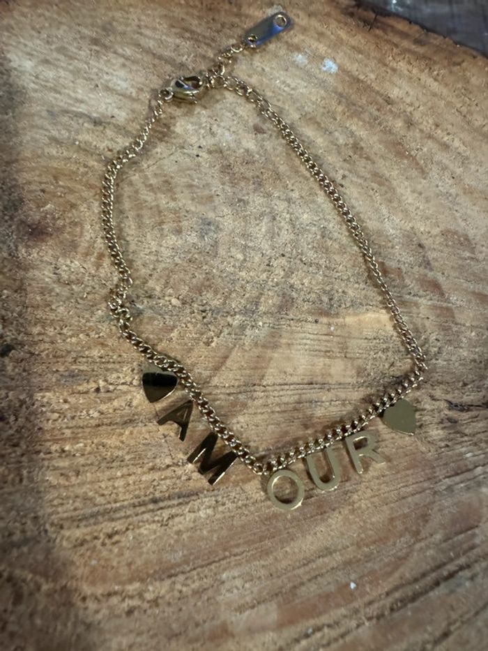 Bracelet chaîne épaisse réglable lettre AMOUR acier inoxydable or neuf